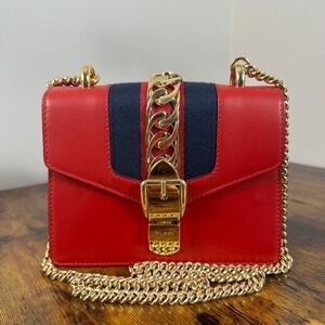 Gucci Sylvie Red Leather Shoulder Bag Gold Chain Web Stripe Crossbody